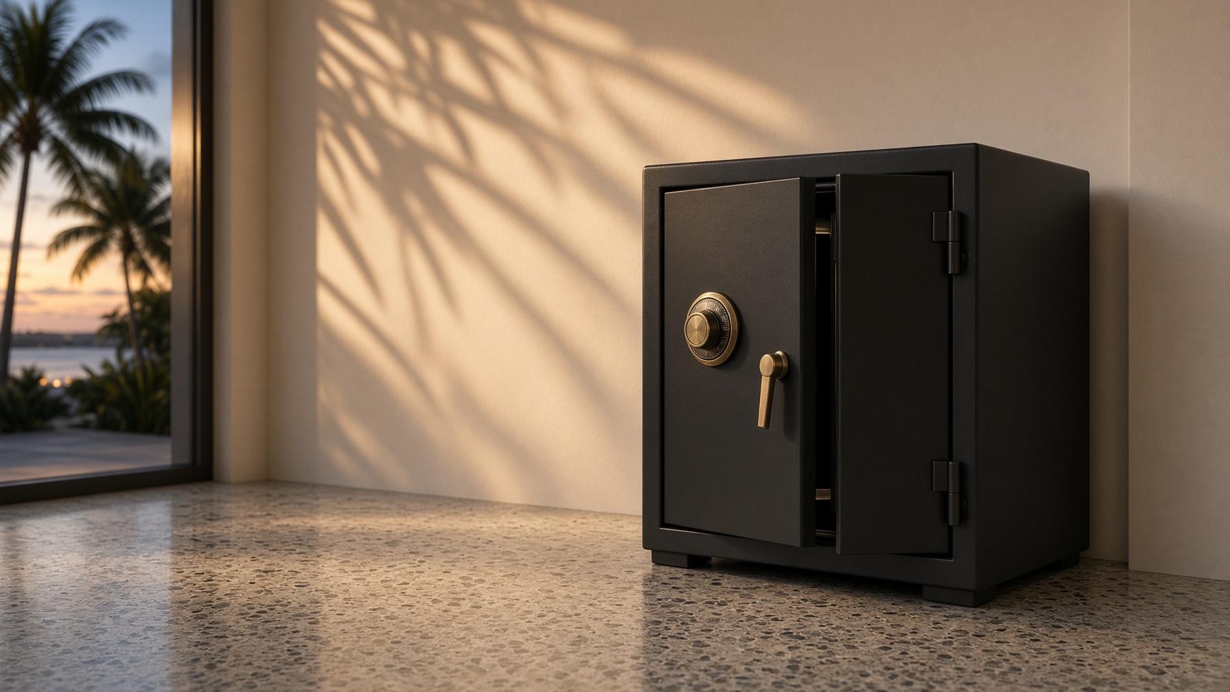 Residential gun safe with combination dial in a South Florida home